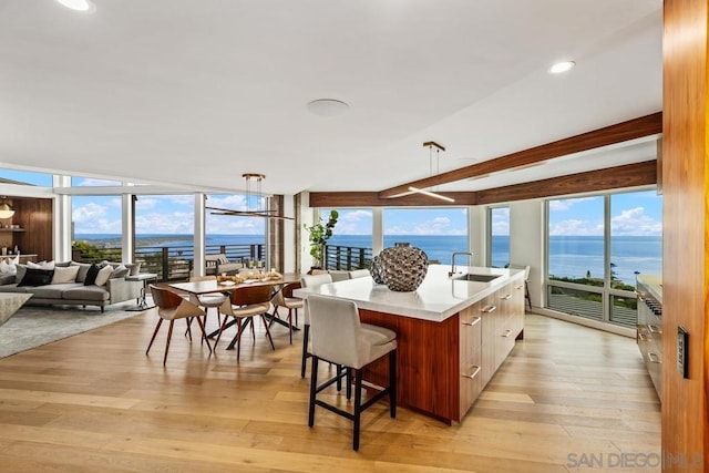 kitchen featuring light wood-type flooring, sink, a center island with sink, and a water view