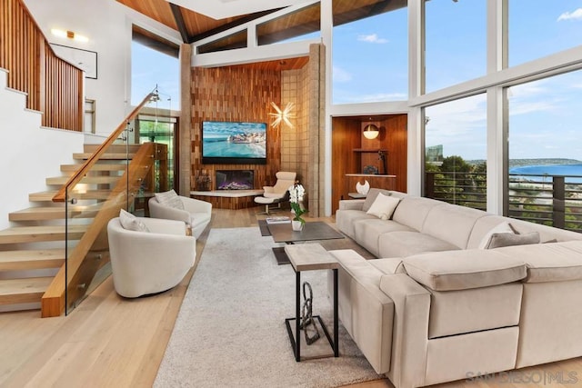 living room featuring a fireplace, plenty of natural light, and light wood-type flooring