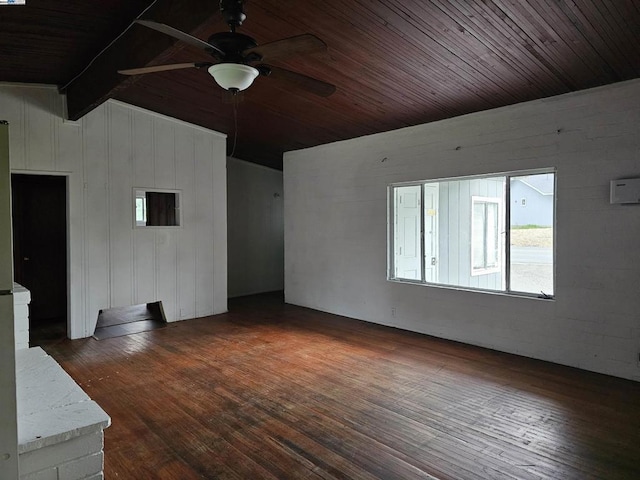 empty room with lofted ceiling with beams, wooden ceiling, ceiling fan, and dark wood-type flooring