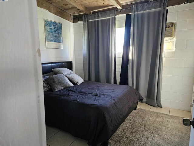 tiled bedroom featuring wood ceiling