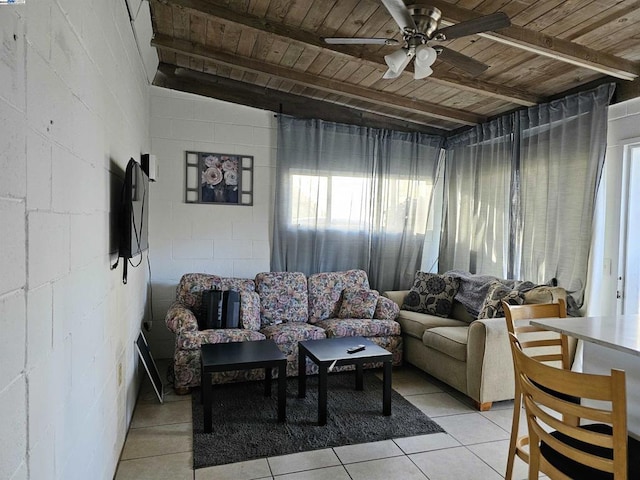 living room featuring lofted ceiling with beams, ceiling fan, wooden ceiling, and light tile patterned floors