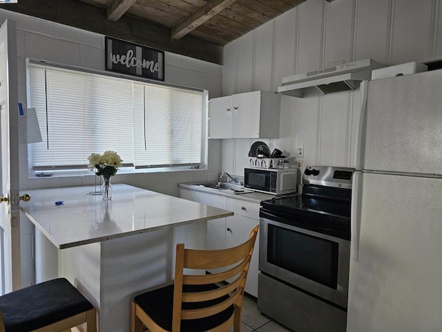 kitchen featuring wood ceiling, a breakfast bar, white cabinets, white fridge, and stainless steel electric range oven