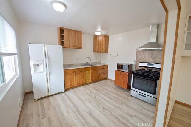 kitchen with wall chimney range hood, light hardwood / wood-style floors, sink, and appliances with stainless steel finishes