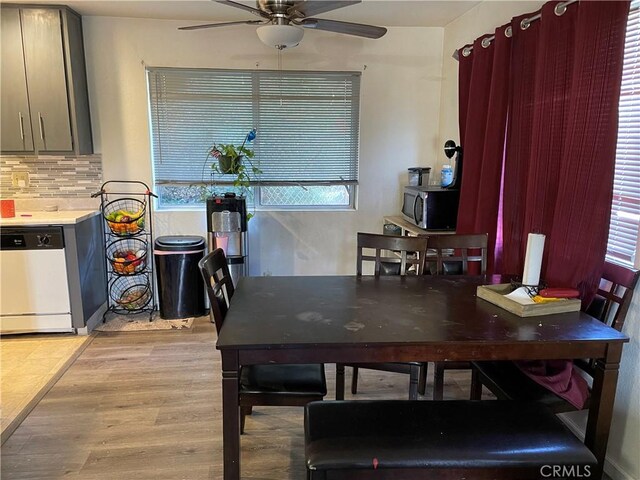 dining space with light hardwood / wood-style flooring, ceiling fan, and a healthy amount of sunlight