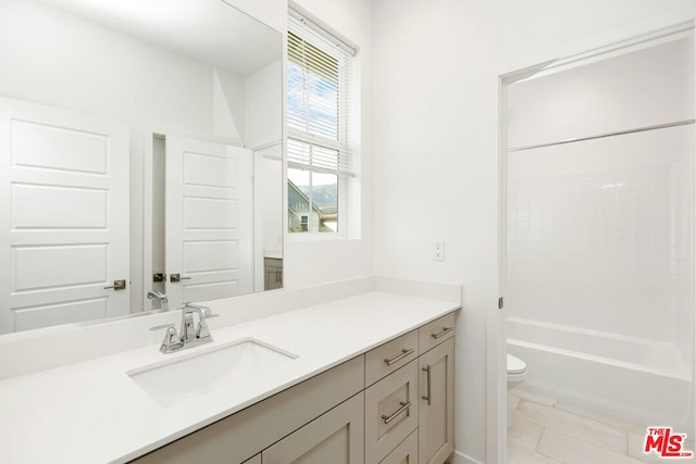 full bathroom featuring washtub / shower combination, vanity, and toilet