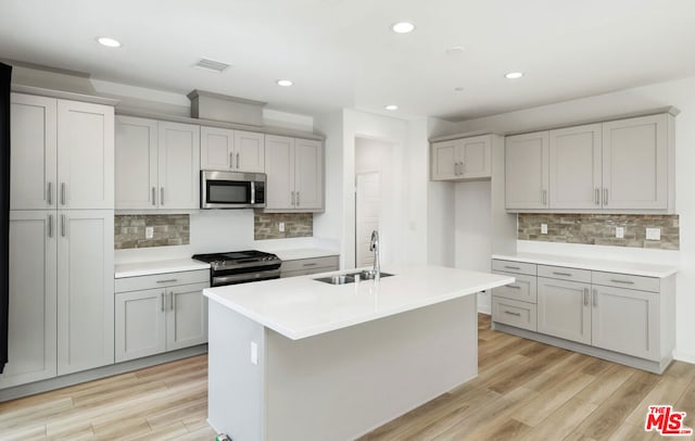 kitchen with sink, decorative backsplash, light wood-type flooring, an island with sink, and stainless steel appliances