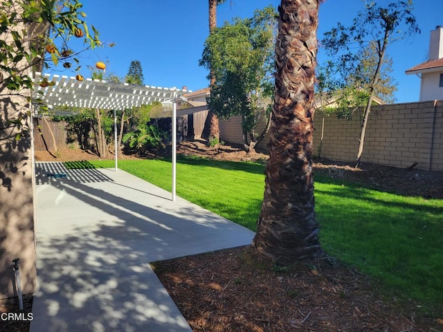 view of yard with a pergola and a patio