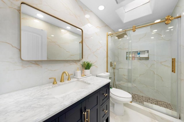 bathroom with toilet, a skylight, vanity, walk in shower, and decorative backsplash