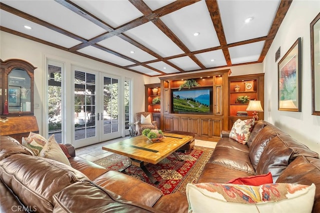 living room featuring beamed ceiling, coffered ceiling, and french doors