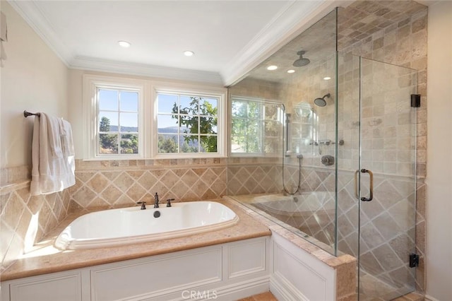 bathroom with plus walk in shower and crown molding