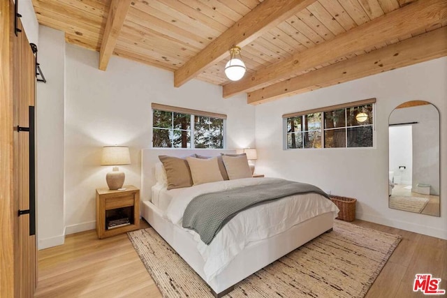 bedroom featuring beamed ceiling, light wood-type flooring, and wood ceiling