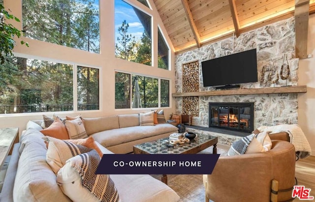 sunroom / solarium featuring lofted ceiling with beams, wood ceiling, and a fireplace