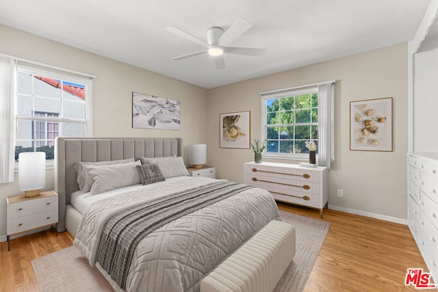 bedroom with ceiling fan and light wood-type flooring