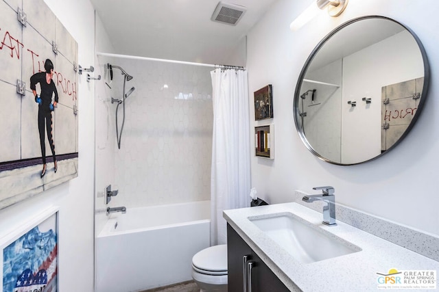 full bathroom with vanity, toilet, and shower / bathtub combination with curtain