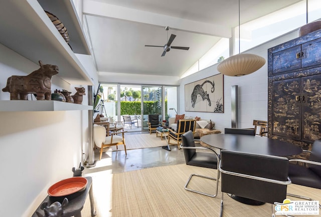 interior space with concrete flooring, beam ceiling, high vaulted ceiling, and ceiling fan