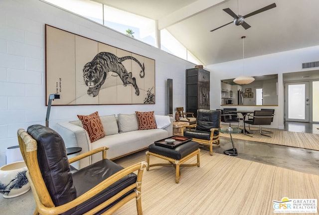 living room featuring ceiling fan, beam ceiling, and high vaulted ceiling