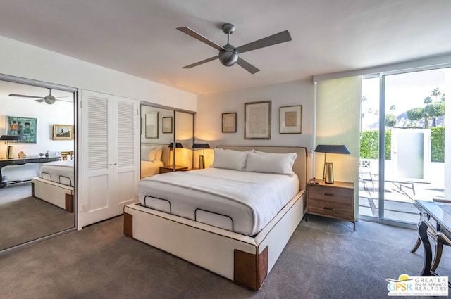 bedroom featuring dark colored carpet, ceiling fan, access to outside, and two closets