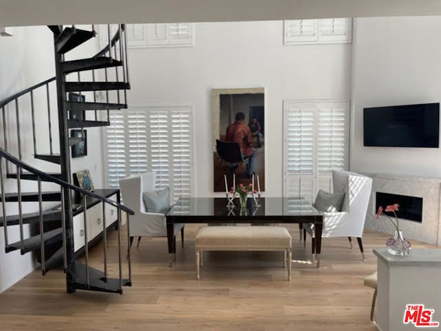 dining space featuring a healthy amount of sunlight, light hardwood / wood-style floors, and a fireplace