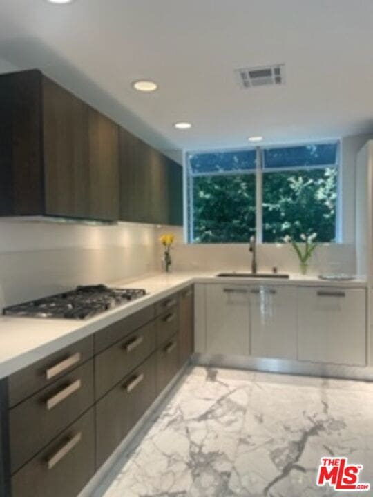 kitchen with stainless steel gas cooktop and sink