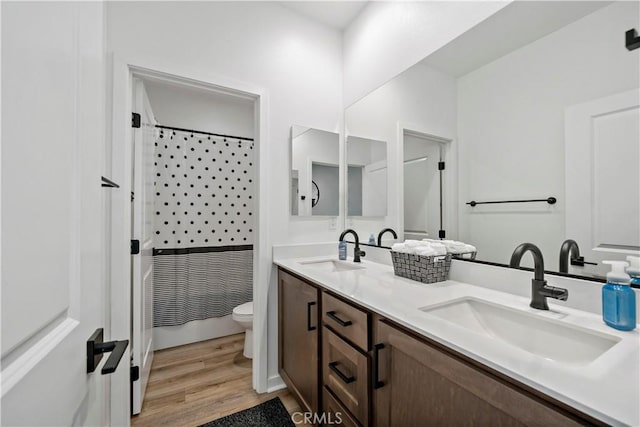 bathroom with wood-type flooring, vanity, and toilet