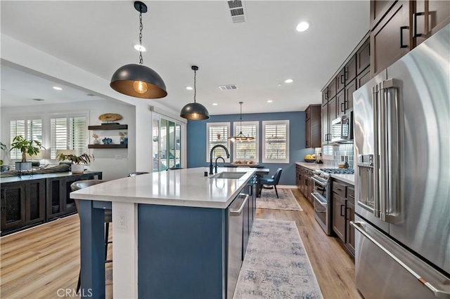 kitchen featuring pendant lighting, high end appliances, sink, an island with sink, and light hardwood / wood-style floors