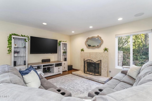 living room featuring hardwood / wood-style flooring, plenty of natural light, and a premium fireplace