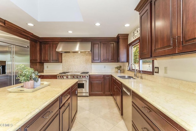 kitchen featuring sink, high end appliances, extractor fan, light stone counters, and decorative backsplash