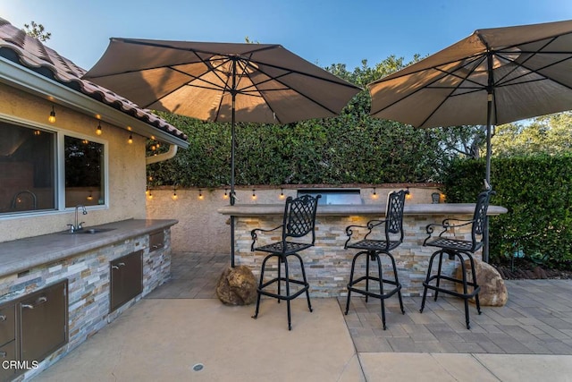 view of patio / terrace with exterior kitchen and a wet bar