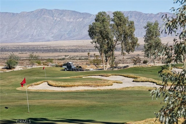 view of property's community featuring a lawn and a mountain view