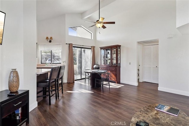 dining room featuring dark wood-type flooring, beam ceiling, high vaulted ceiling, and ceiling fan