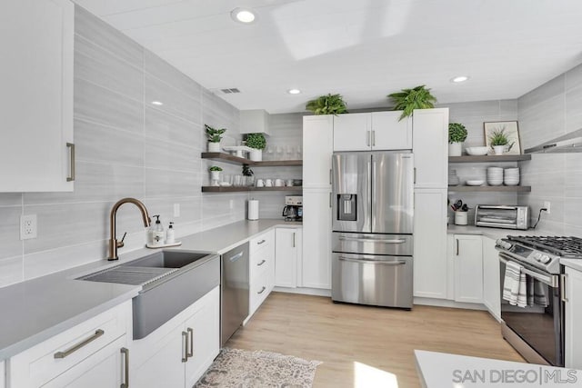 kitchen featuring decorative backsplash, white cabinetry, stainless steel appliances, and light hardwood / wood-style floors