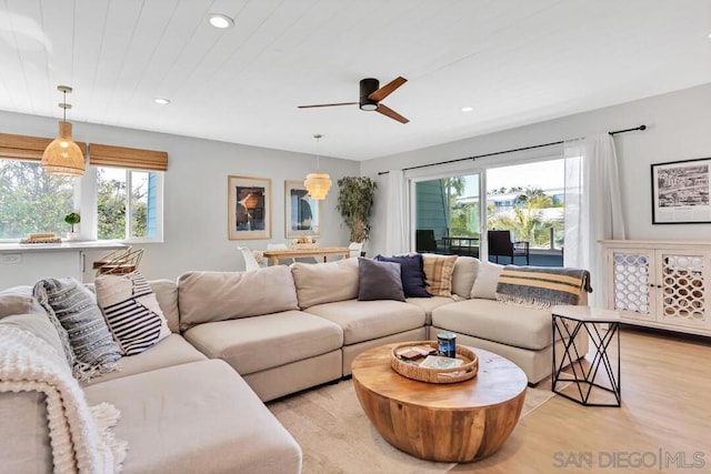 living room featuring ceiling fan, a healthy amount of sunlight, and light hardwood / wood-style flooring