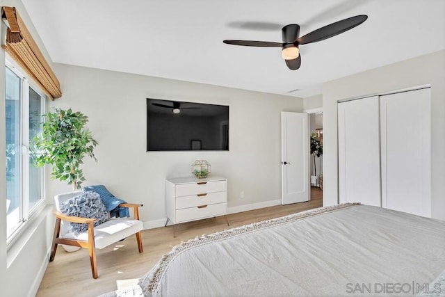 bedroom with ceiling fan, a closet, and light hardwood / wood-style flooring