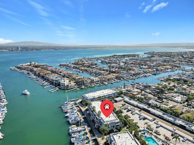 drone / aerial view featuring a water view