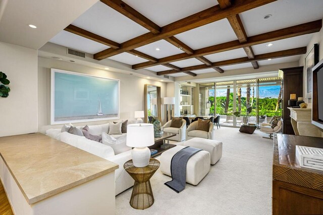 living room with light carpet, beamed ceiling, and coffered ceiling