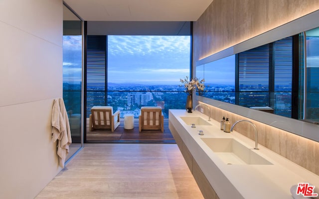 bathroom with wood-type flooring, vanity, and a wall of windows