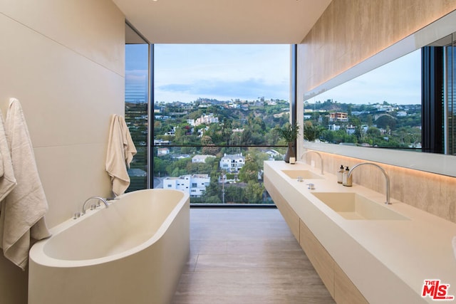 bathroom with a bathing tub, hardwood / wood-style floors, and sink