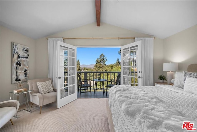 carpeted bedroom featuring access to exterior, french doors, and lofted ceiling with beams