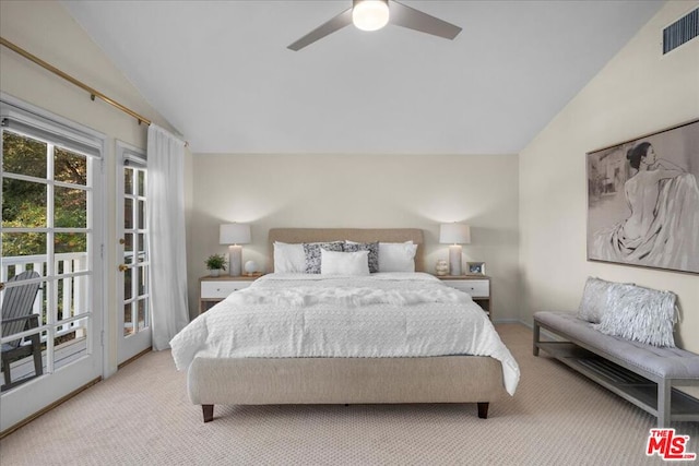 bedroom featuring light carpet, access to outside, ceiling fan, and lofted ceiling