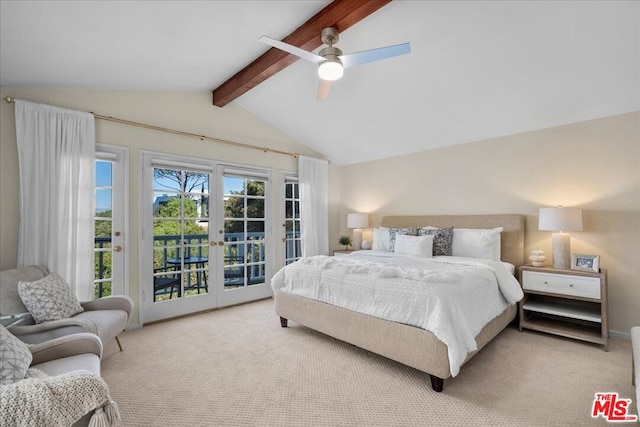 bedroom with access to exterior, ceiling fan, french doors, vaulted ceiling with beams, and light colored carpet