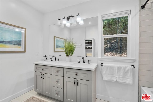 bathroom with tile patterned flooring, plenty of natural light, and vanity