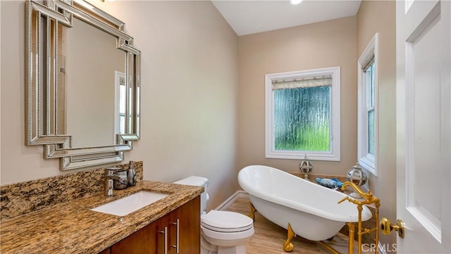 bathroom featuring wood-type flooring, a tub to relax in, toilet, and a wealth of natural light