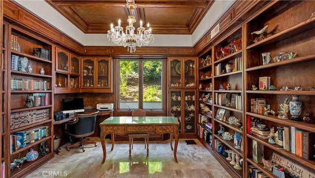 office area featuring wooden ceiling, ornamental molding, and an inviting chandelier