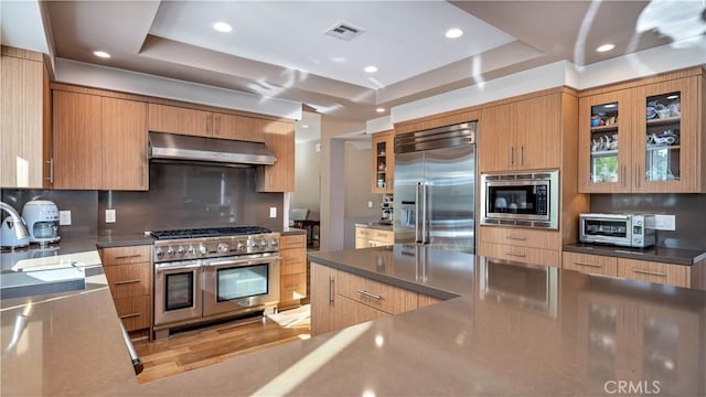 kitchen with a tray ceiling, built in appliances, light hardwood / wood-style flooring, and range hood