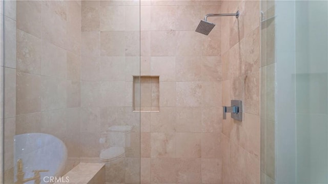 bathroom featuring a shower with door