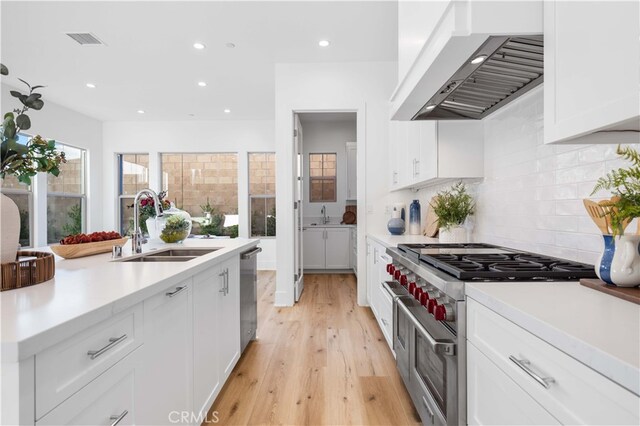 kitchen with light hardwood / wood-style floors, custom range hood, white cabinetry, and appliances with stainless steel finishes