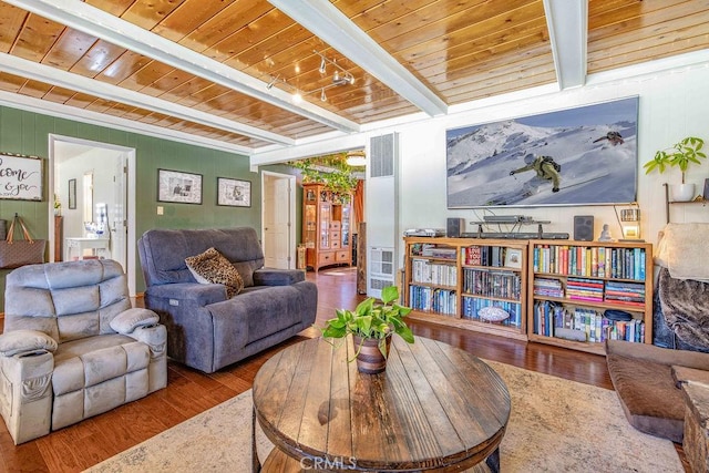 living area with beamed ceiling, wood-type flooring, and wooden ceiling