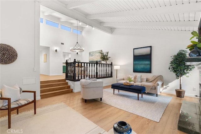 living room with beam ceiling, wooden ceiling, high vaulted ceiling, a chandelier, and wood-type flooring