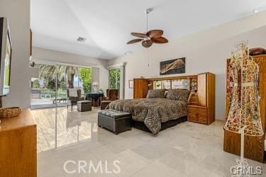 bedroom with access to outside, high vaulted ceiling, and ceiling fan