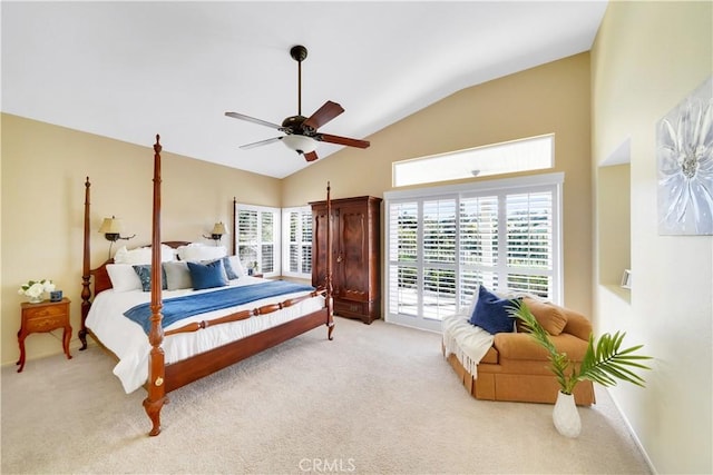 bedroom with access to outside, ceiling fan, high vaulted ceiling, and light carpet